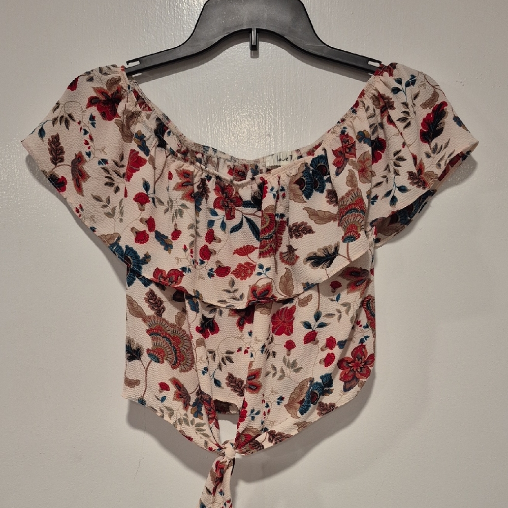 love J Off-Shoulder Crop Top - Cream Base with Red & Blue Floral Print